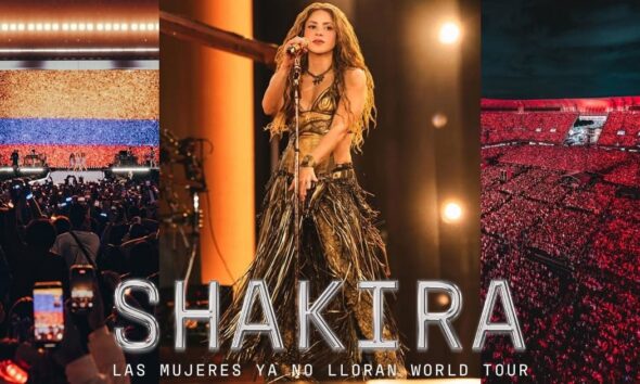 La cantante Shakira en el cartel de la gira , con micrófono y bandera de Colombia al fondo